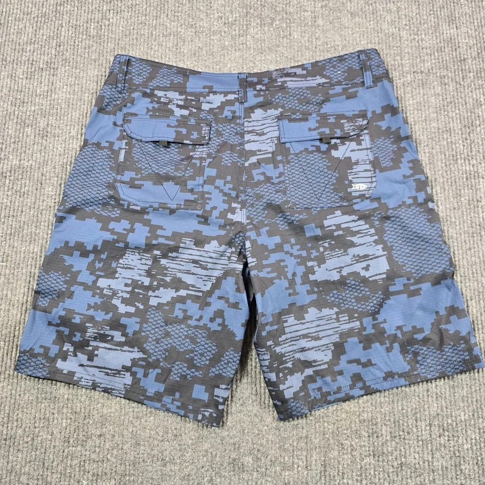 AFTCO Cargo Shorts Mens 38 Blue Camo Microfiber Stretch Fishing Outdoor Summer